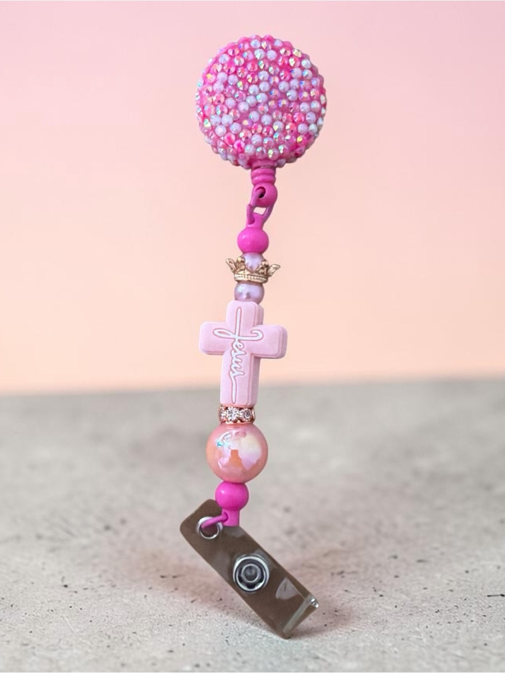 Pink Cross Beaded Badge Reel